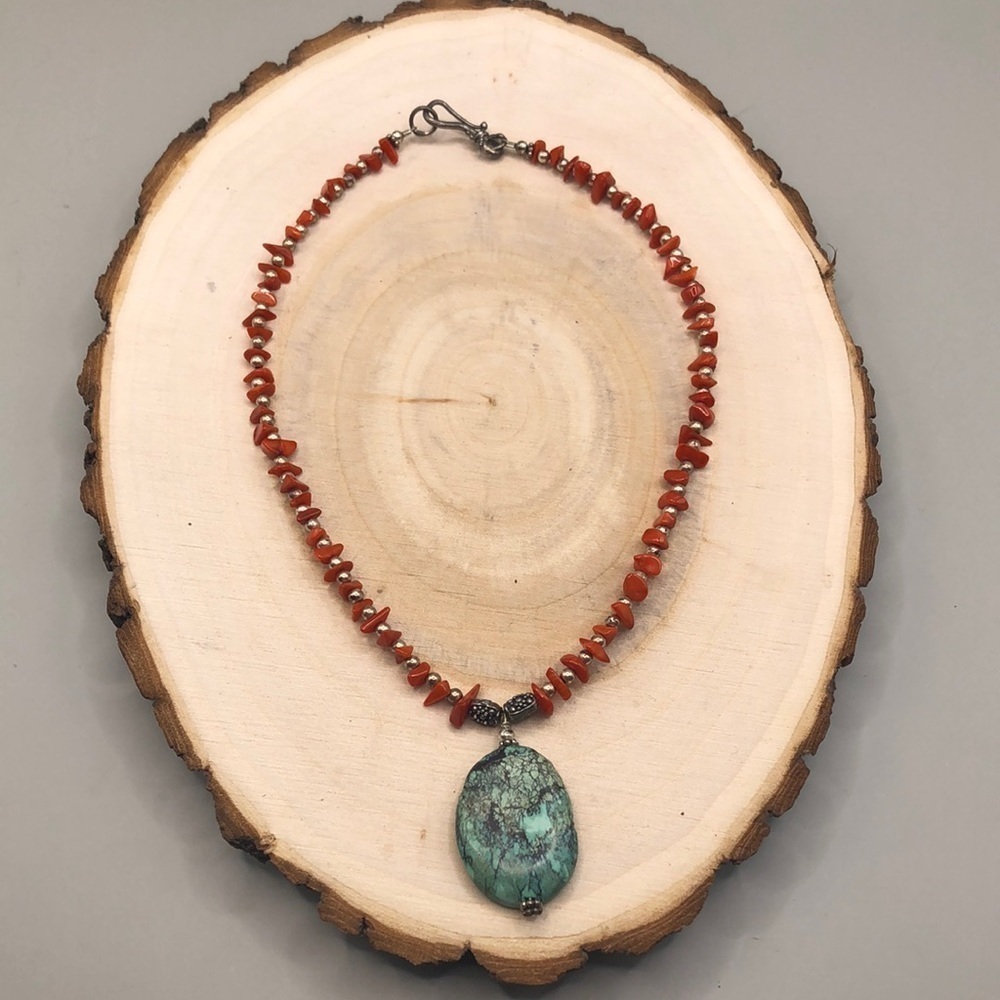 Vintage Sterling Silver Coral Bead Turquoise Pendant Necklace